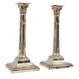 A PAIR OF LATE VICTORIAN SILVER CORINTHIAN COLUMN CANDLESTICKS, maker's marks for Hawksworth, Eyre &