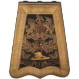 A ROYAL ARTILLERY OFFICER'S SABRETACHE AND FOUL WEATHER COVER, the black leather pouch with broad