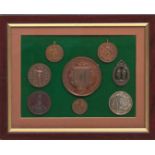 A FRAMED AND GLAZED DISPLAY OF SHOOTING MEDALS, the largest being bronze and to the Northumberland