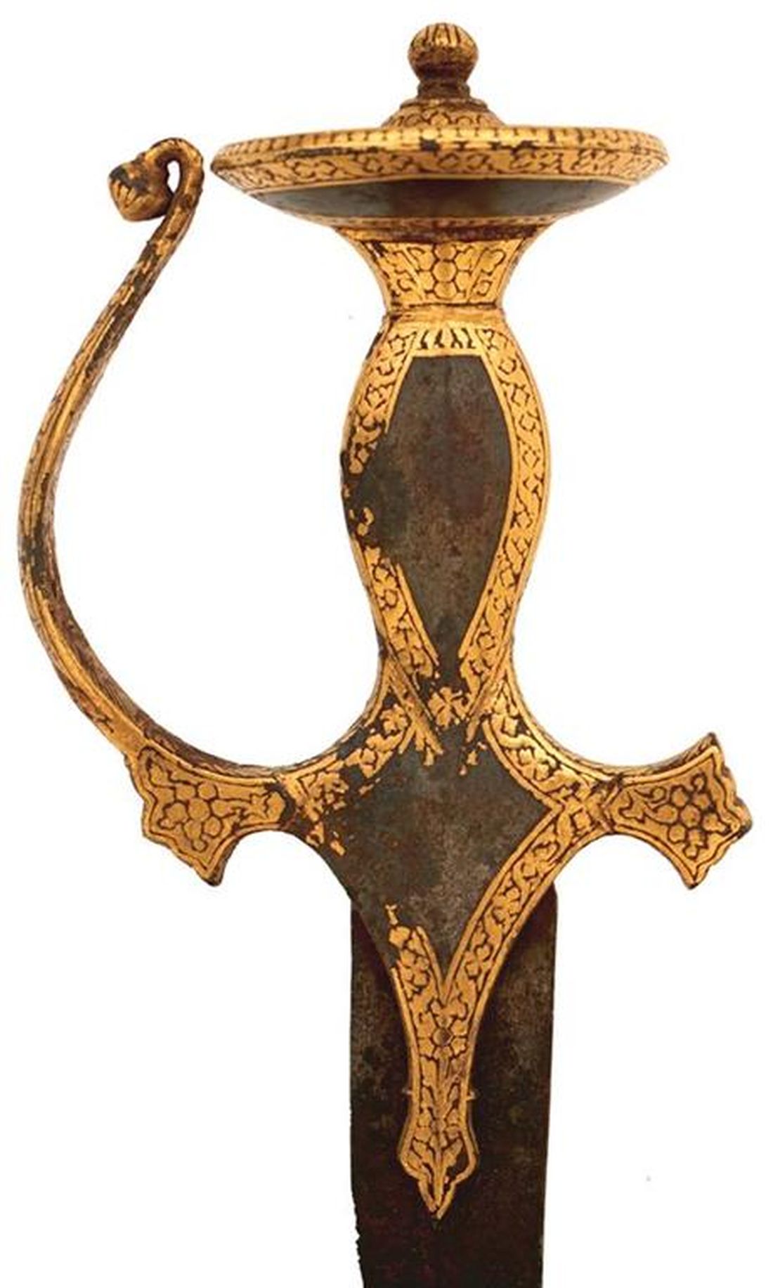 A 19TH CENTURY INDIAN TULWAR OR SWORD, 76.5cm sharply curved damascus blade, the characteristic gold - Image 2 of 16