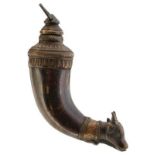 AN INDIAN CAST BRONZE POWDER FLASK, of characteristic curved form, stepped gadrooned top with calf's