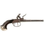 A SCARCE PAIR OF 18TH CENTURY SILVER MOUNTED DOUBLE BARRELLED COACHING PISTOLS BY GRIFFIN, 4.5inch