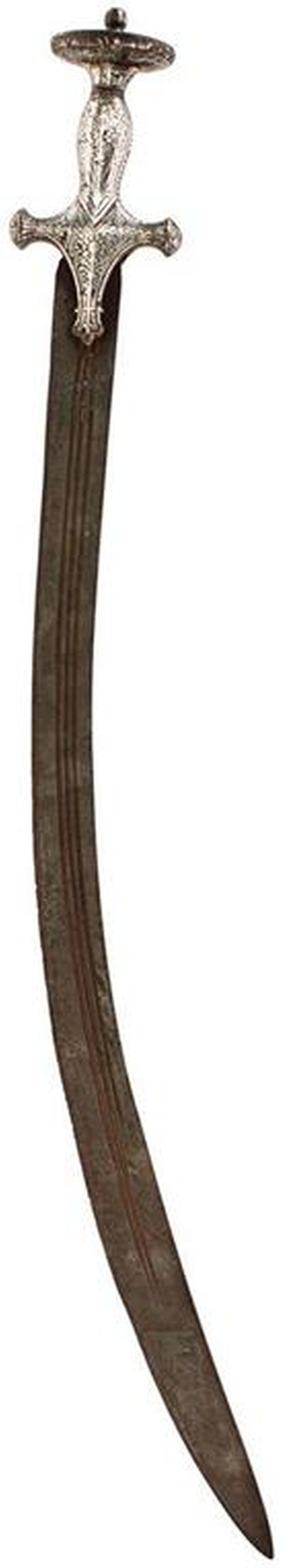 A 19TH CENTURY INDIAN TULWAR, 67cm triple fullered curved blade, characteristic steel hilt decorated