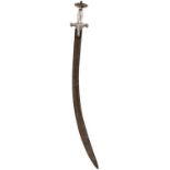 A 19TH CENTURY INDIAN TULWAR, 67cm triple fullered curved blade, characteristic steel hilt decorated