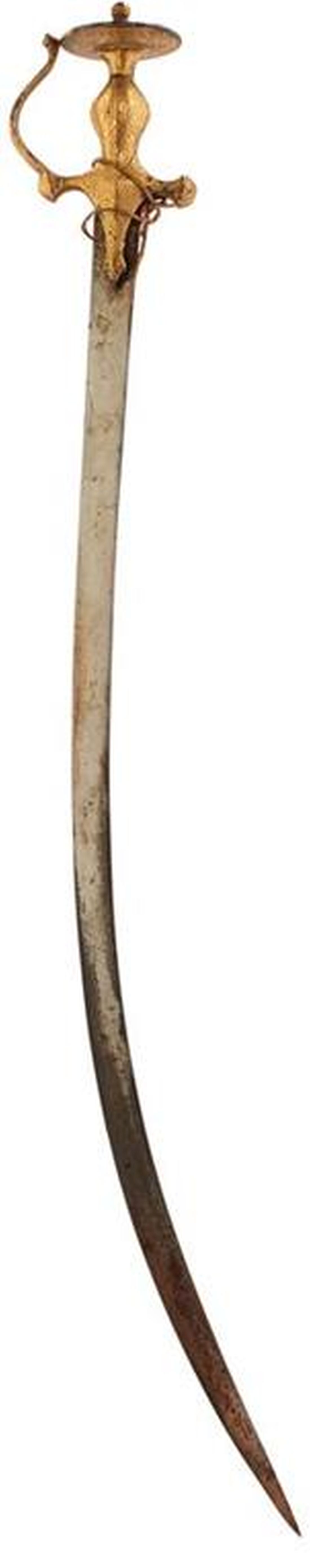 A 19TH CENTURY INDIAN TULWAR OR SWORD, 82.75cm sharply curved damascus blade, characteristic hilt