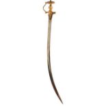A 19TH CENTURY INDIAN TULWAR OR SWORD, 82.75cm sharply curved damascus blade, characteristic hilt