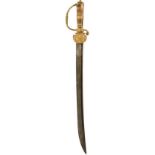 AN 18TH CENTURY ENGLISH HUNTING HANGER, 48cm fullered blade, characteristic gilt brass hilt with