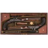 A CASED PAIR OF 16-BORE PERCUSSION DUELLING PISTOLS BY WILSON, 10inch sighted octagonal browned