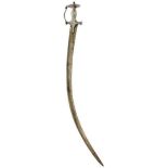 A 19TH CENTURY INDIAN TULWAR, 77.5cm sharply curved blade, characteristic steel hilt decorated
