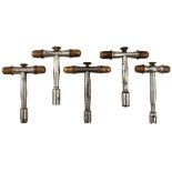 FIVE VARIOUS T-BAR COMBINATION NIPPLE TOOLS, all with brass caps and integral prickers. (5)