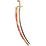 A 19TH CENTURY INDIAN KUTCH SHAMSHIR OR SWORD, 78cm sharply curved blade chiselled with a panel of