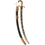 A GEORGIAN OFFICER'S SABRE, 73cm curved blade etched, blued and gilt to the tip with stands of arms,