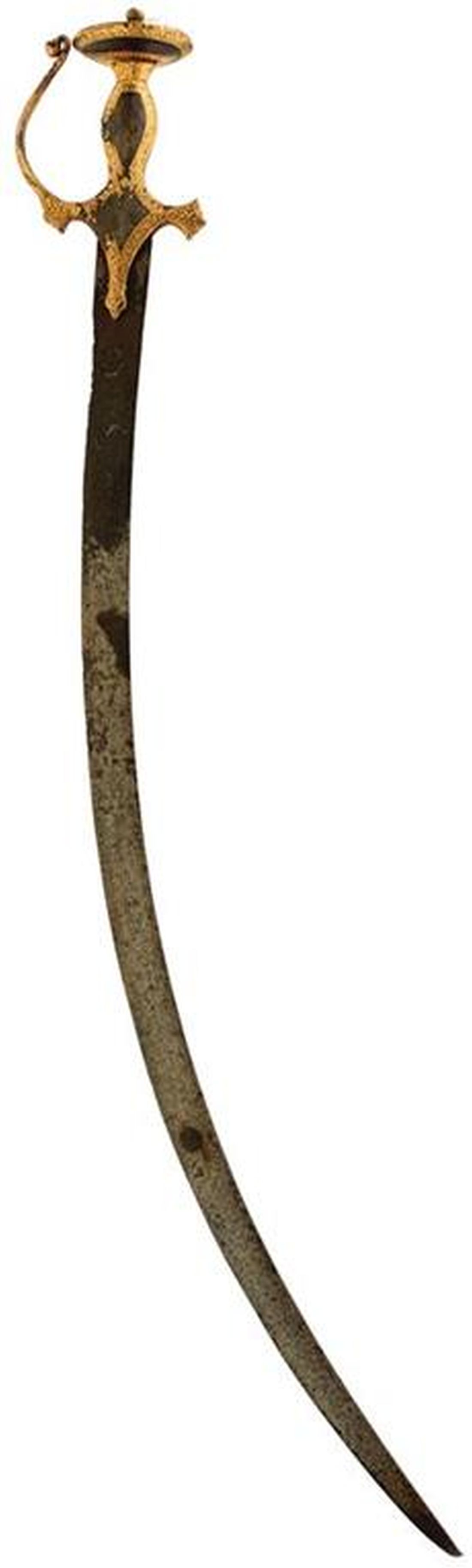 A 19TH CENTURY INDIAN TULWAR OR SWORD, 76.5cm sharply curved damascus blade, the characteristic gold
