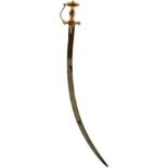 A 19TH CENTURY INDIAN TULWAR OR SWORD, 76.5cm sharply curved damascus blade, the characteristic gold