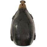 A LATE 18TH OR EARLY 19TH CENTURY KEEPER'S POWDER FLASK, characteristic stitched pressed leather