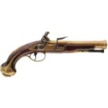 A CRISP PAIR OF 6-BORE FLINTLOCK BRASS BARRELLED COACHING OR BLUNDERBUSS PISTOLS BY HEYLIN, 7inch