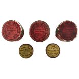 FIVE VARIOUS JOYCE & CO. PERCUSSION CAP TINS, three of the larger 250 size and two smaller 100 size.