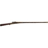 A FINE 18-BORE 19TH CENTURY INDIAN MATCHLOCK LONGGUN, 43.5inch sighted barrel finely hammered over