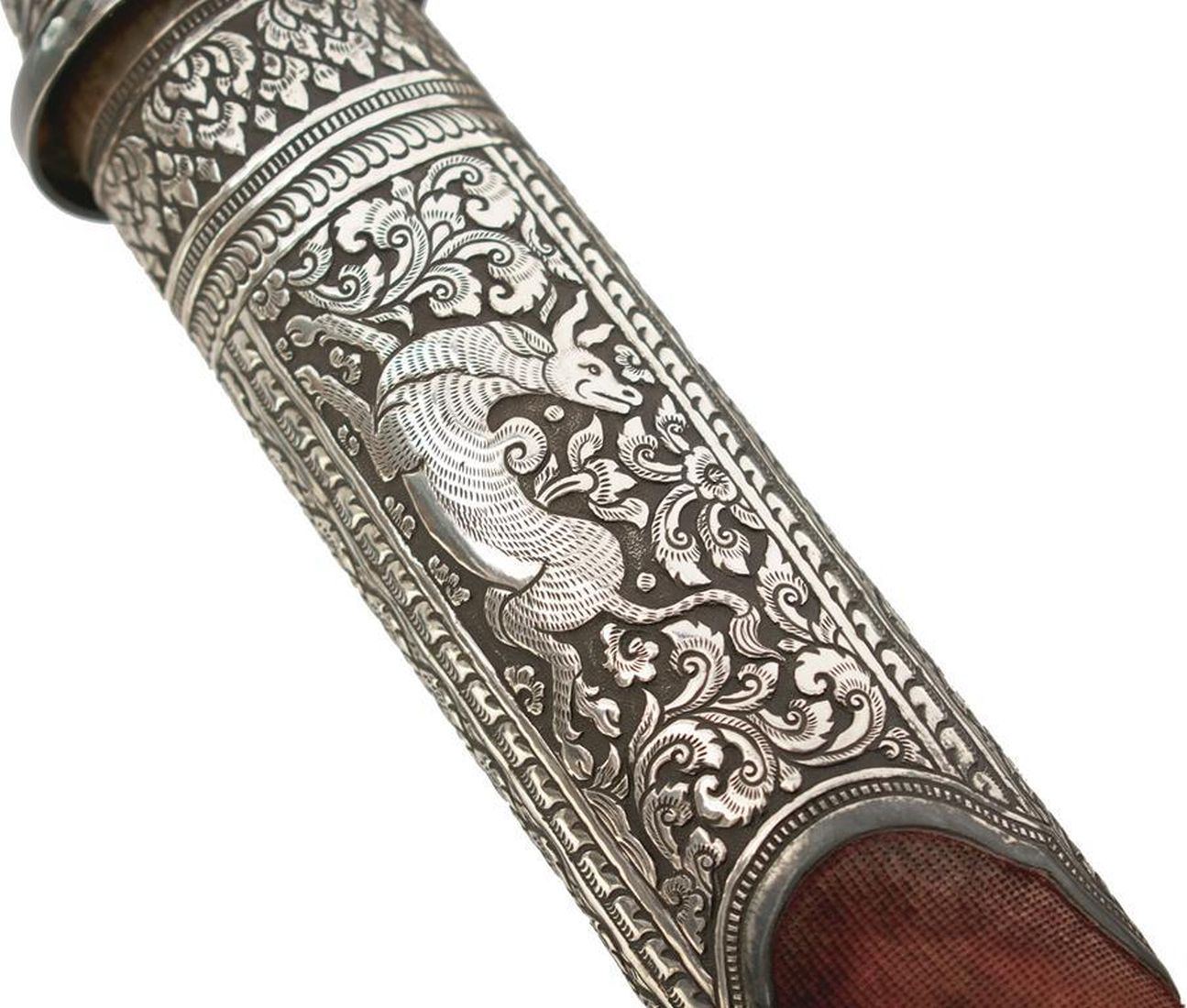 A 19TH CENTURY BURMESE DHA, 58.5cm curved blade, characteristic white metal mounted hilt decorated - Image 2 of 15