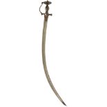 A LATE 18TH CENTURY MUGHAL INDIAN TULWAR, 75.5cm sharply curved damascus blade, characteristic steel