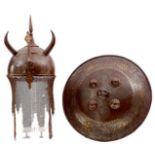 A 19TH CENTURY INDO-PERSIAN KULAH KHUD (HELMET) AND DHAL (SHIELD), the single piece domed iron skull