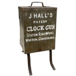 A HALL'S PATENT CLOCK GUN, the galvanised case with repainted patent details and address, the