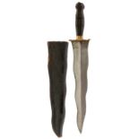 A 19TH CENTURY NAGA DAGGER OR KNIFE, 26cm wavy blade with raised medial ridge, shaped brass