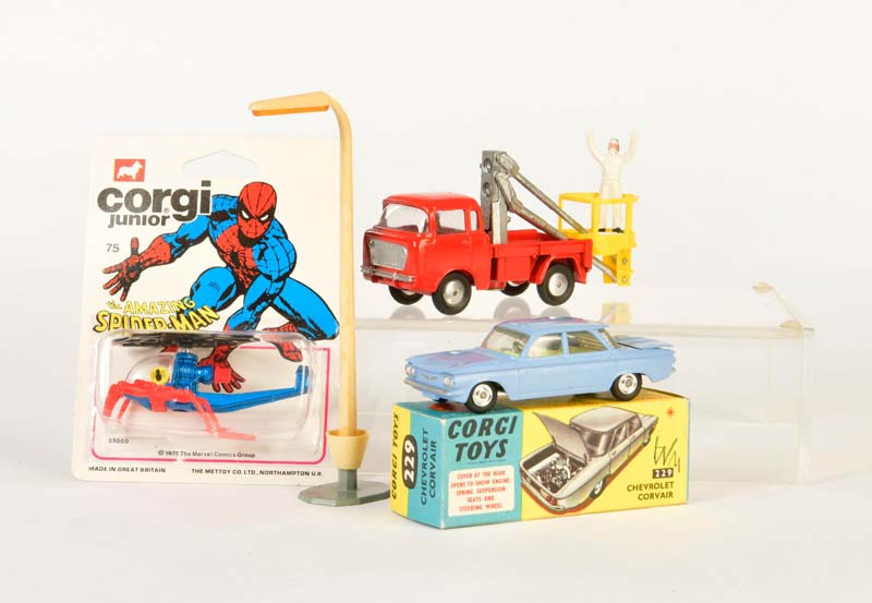 Corgi Toys, Chevrolet Corvair, Jeep FC-150 + Spiderman Helicopter