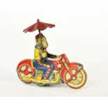 Affe auf Motorrad mit Schirm
