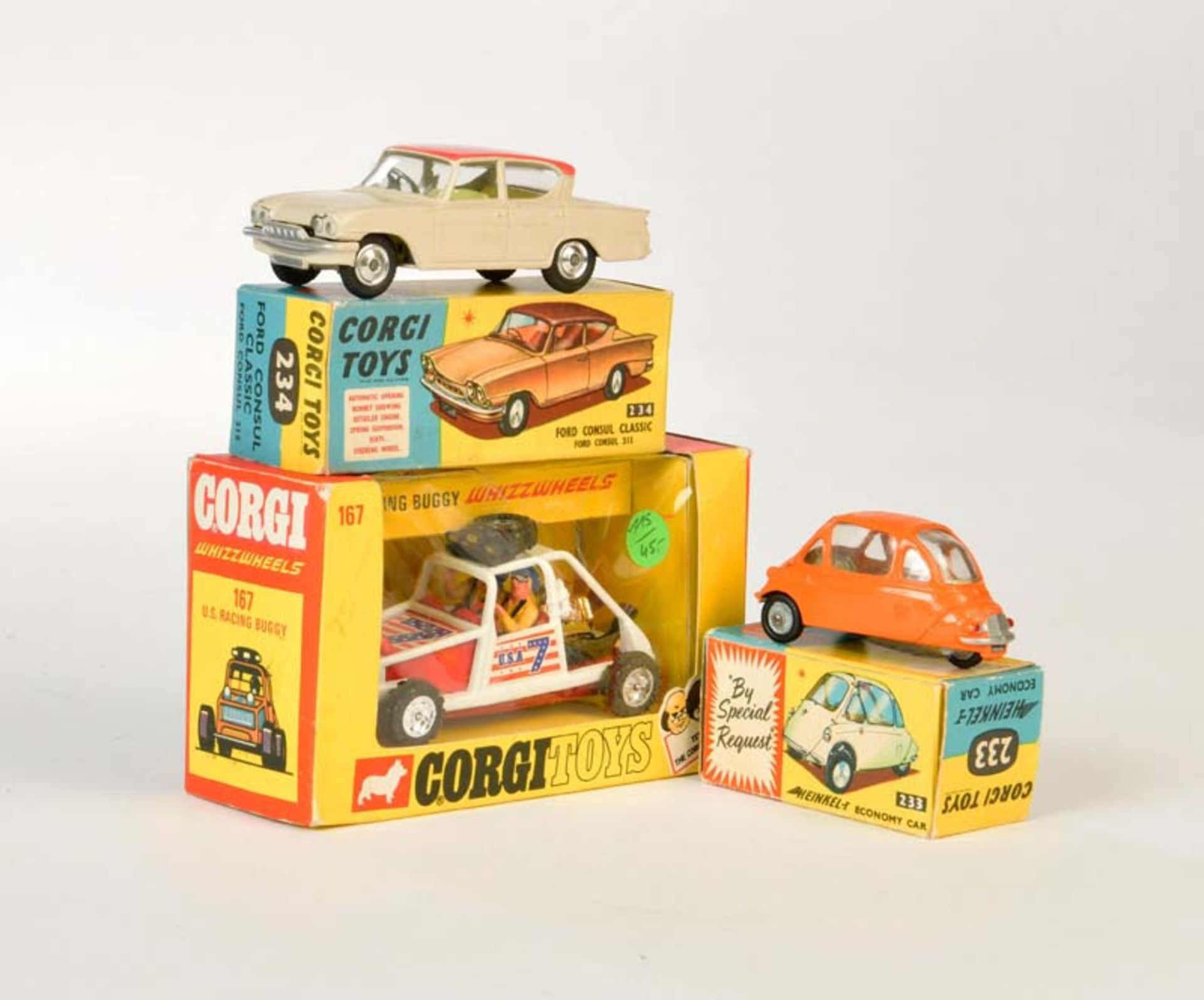 Corgi Toys, US Racing Buggy, Heinkel 1 + Ford Consul
