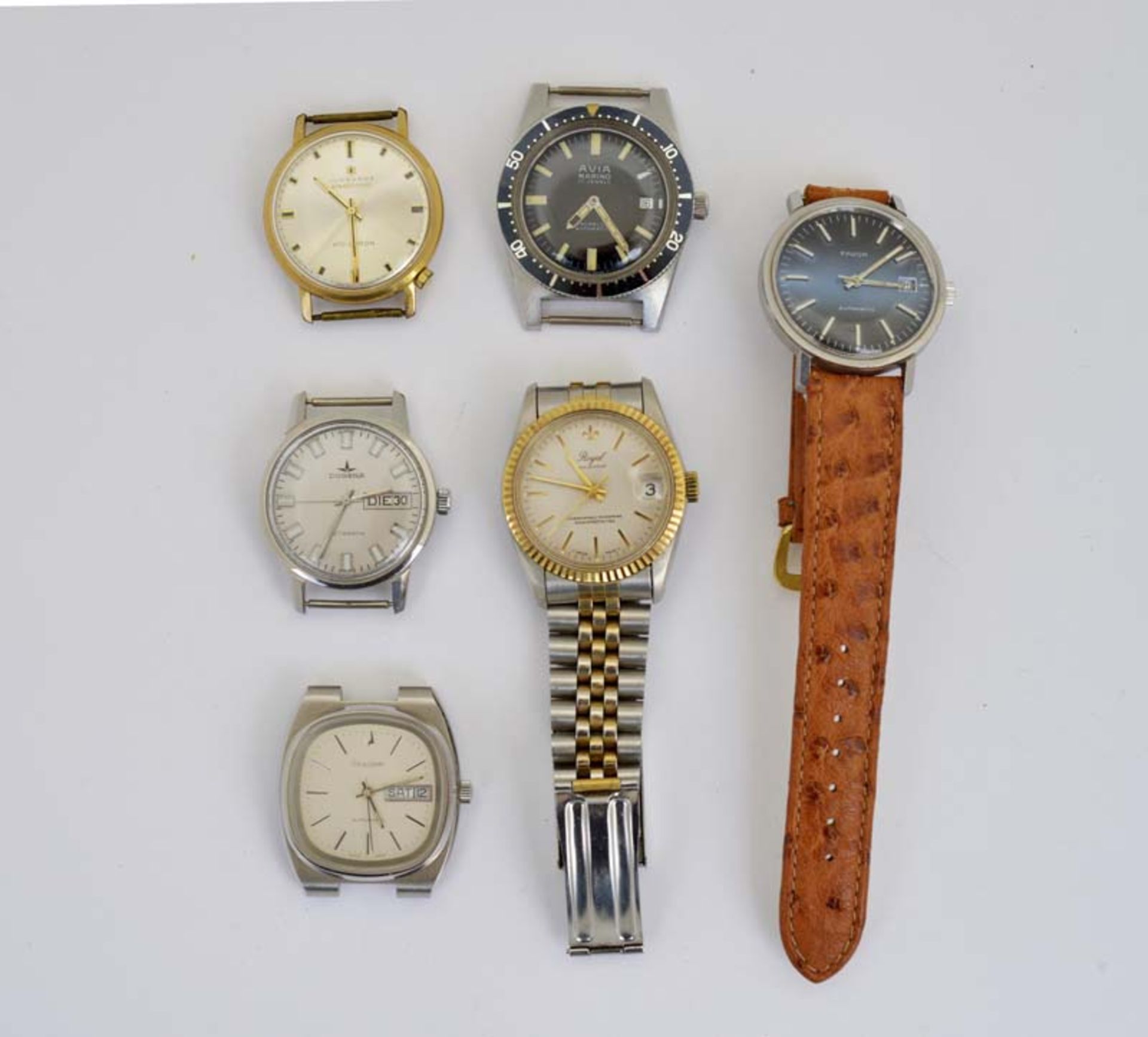 Dugena, Avia, Bulova, Royal, Junghans + Favor, 6 Armbanduhren