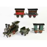 Bing, Spiritus Lok mit Tender + 3 Wagen