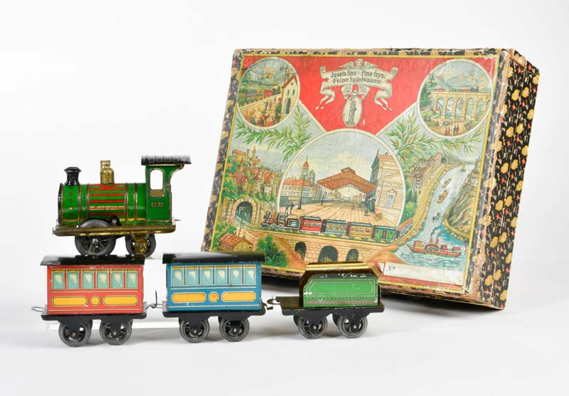 Issmayer, train with 2 wagons, Germany pw, gauge 0, tin, min. paint d., in originally wooden box