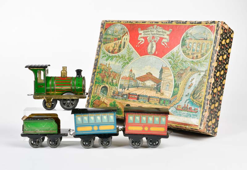 Issmayer, train with 2 wagons, Germany pw, gauge 0, tin, min. paint d., in originally wooden box - Image 3 of 3