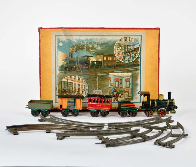 Märklin, railway package with loco ancient + 3 wagons, Germany pw, gauge 0, paint d. due to age, box