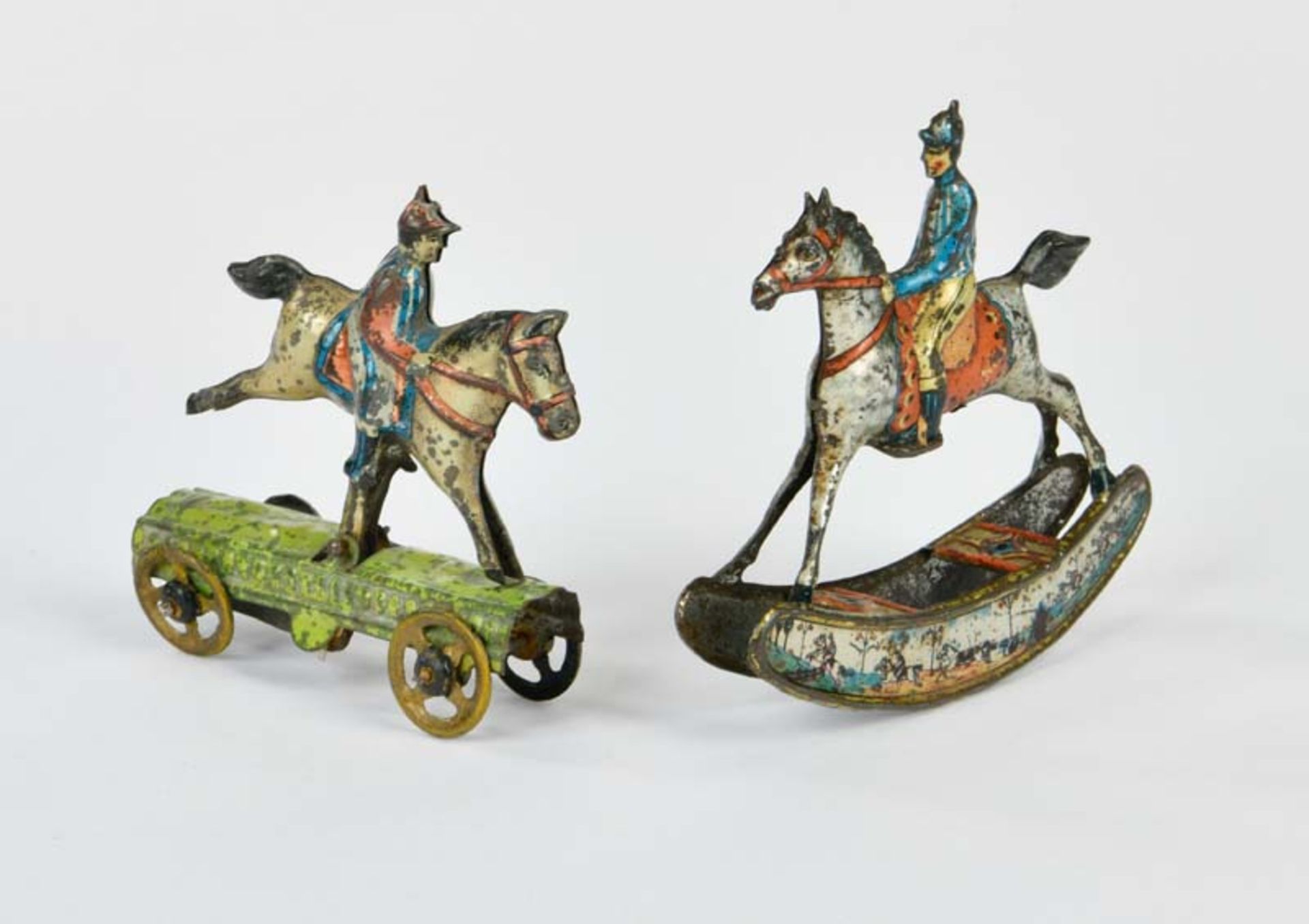 2 Penny Toy horsemen, Germany pw, 8-10 cm, tin, paint d., C 2-3