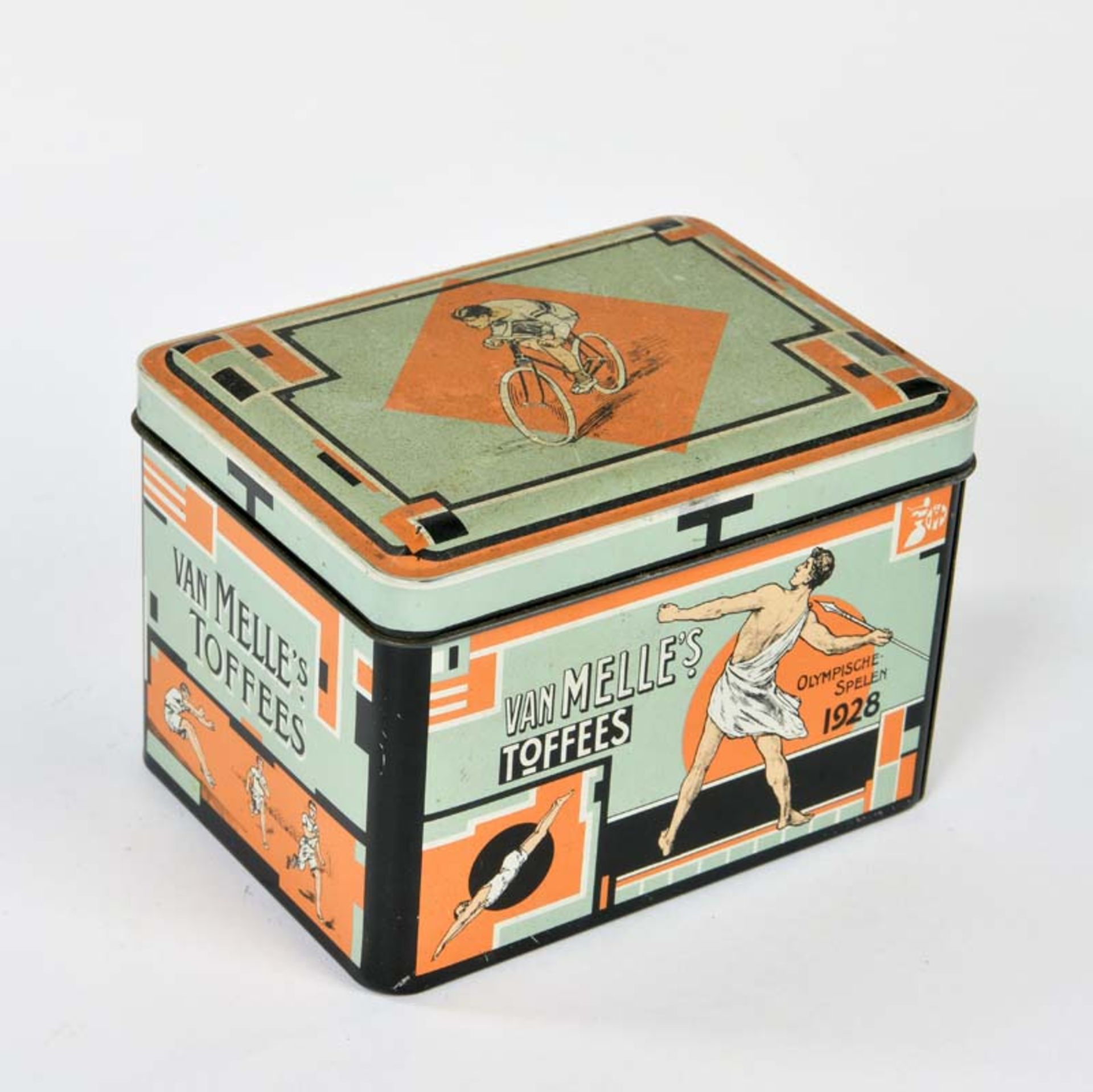 Tin can "Van Melle's Toffees", 12x9x8,5 cm, Olympic Games 1928