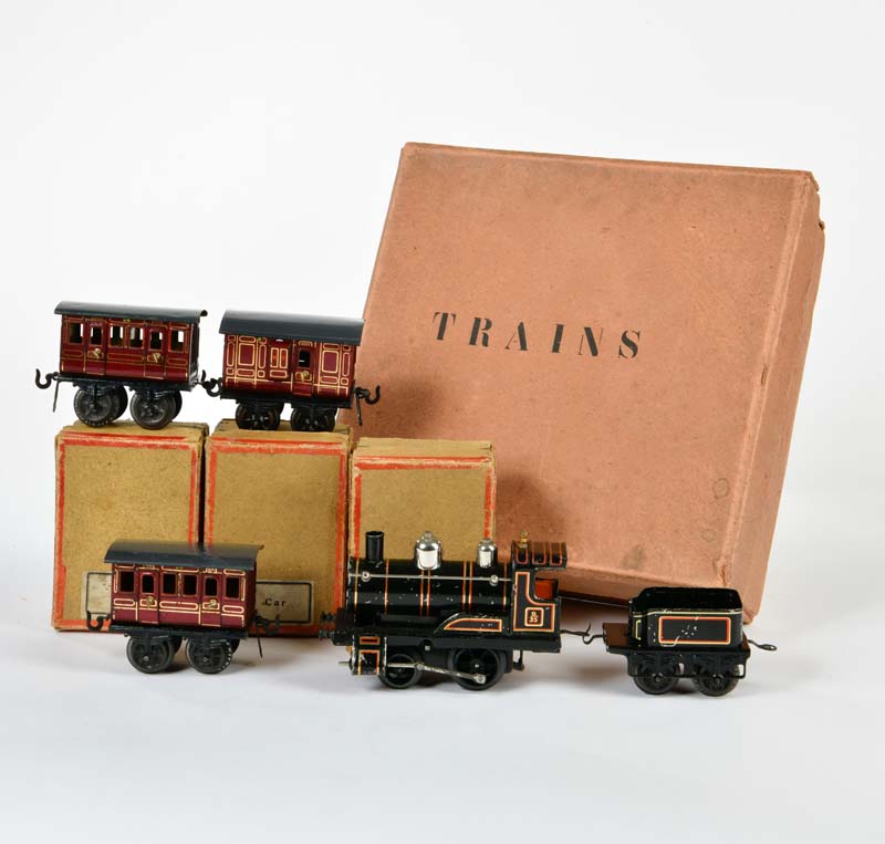 Bing, loco with tender + 3 wagons, Germany pw, gauge 0, min. paint d., very nice original condition