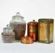 Bundle of coffee tin cans a.o., 13-21 cm, tin + glass, 5 parts, C 1-2
