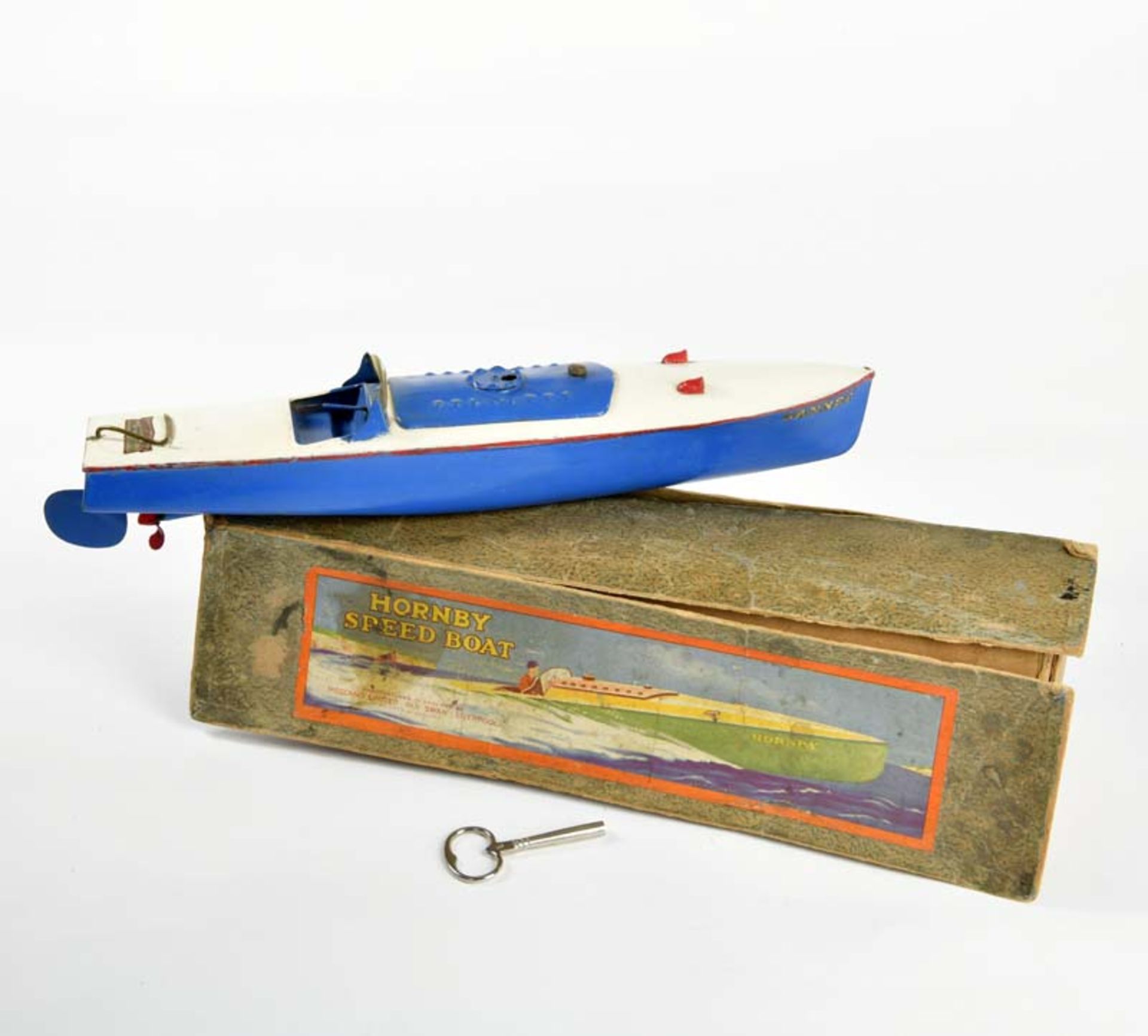 Meccano, speed boat "Gannet", England, 43 cm, tin, cw ok, paint d., box C 2-3, C 2-