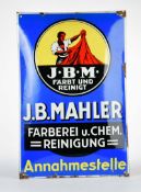 Enamel sign "J.B Mahler Färberei und chem. Reinigung", 49x74 cm, min. paint d.