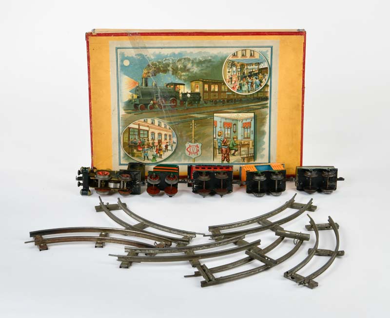 Märklin, railway package with loco ancient + 3 wagons, Germany pw, gauge 0, paint d. due to age, box - Image 2 of 3