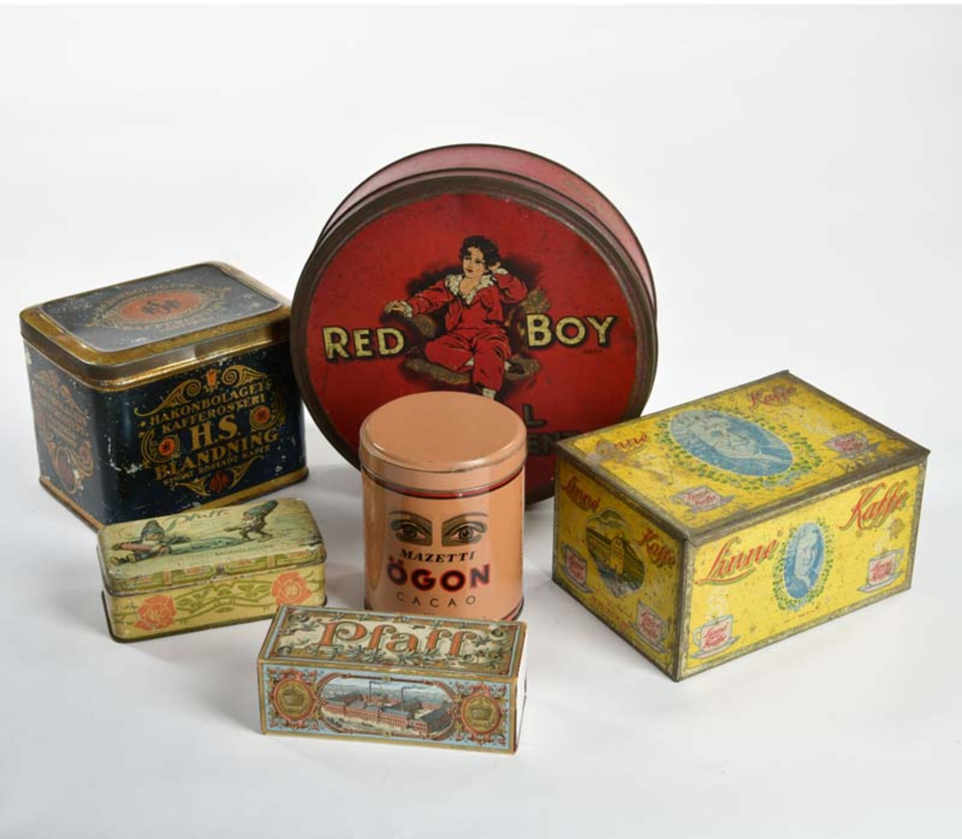 6 tin cans, Germany a.o., part. paint d., C 1-4