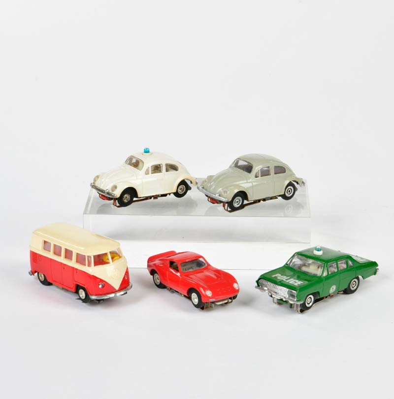 Faller AMS, 4x PKW + VW Bus, 1:90, mostly good condition