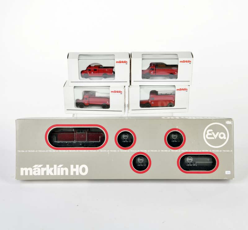 Märklin, EVA package + 4 fire engine models, W.-Germany, gauge H0, box C 1, C 1