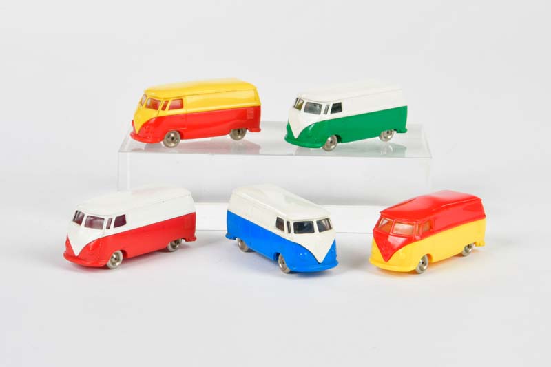 Lego, 5x VW Bus, Denmark, 1:90, 1x deformed, otherwise very good condition