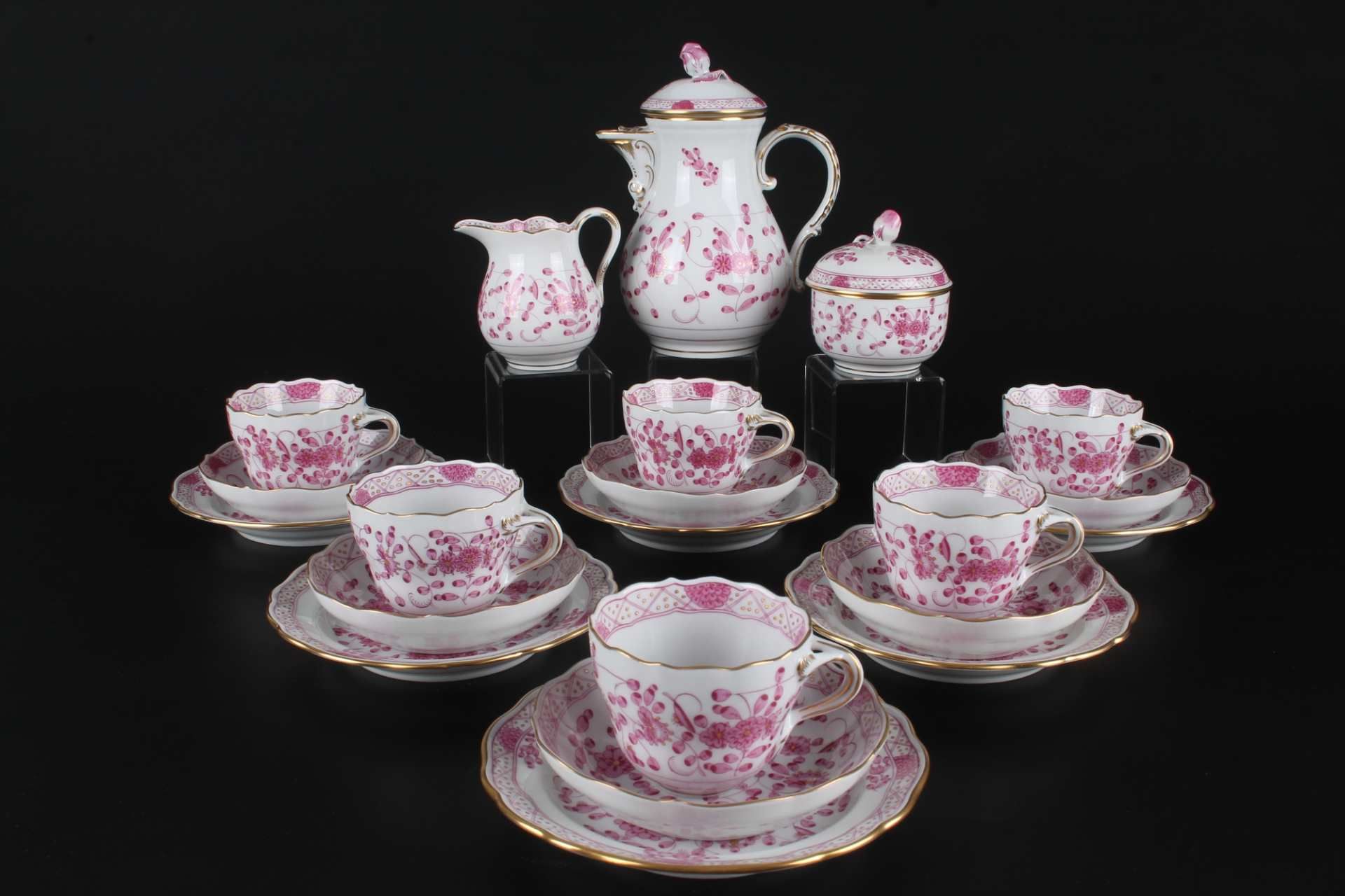 Meissen Indisch Purpur Reich Kaffeeservice für 6 Personen, mocha coffee set for 6 pers.,