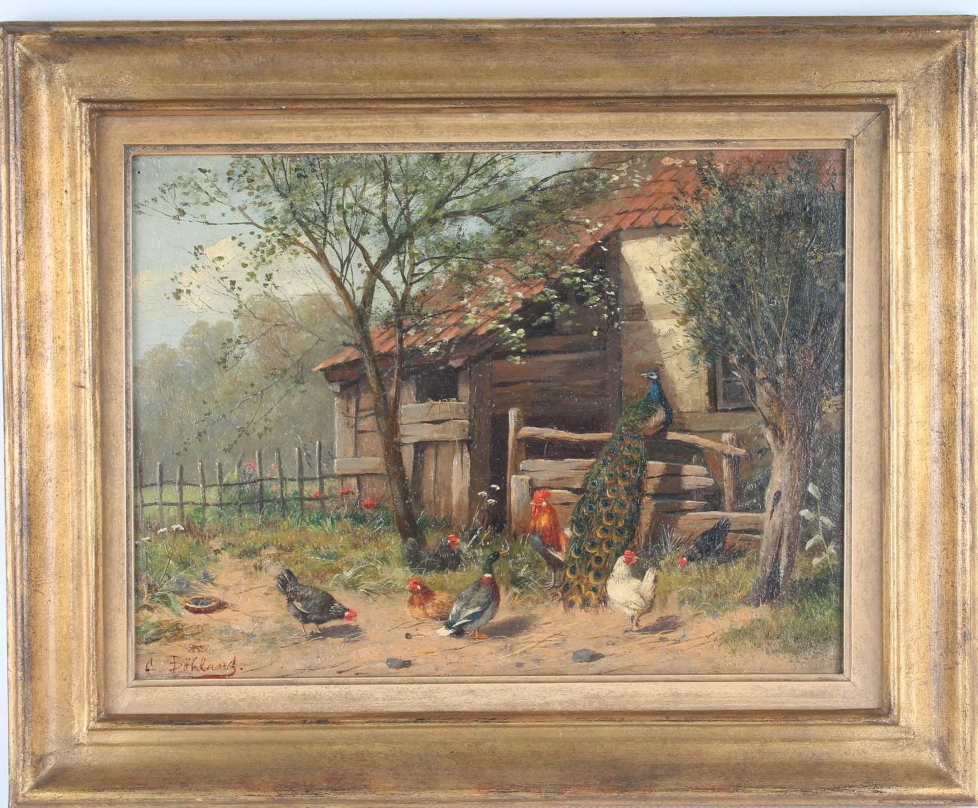 G. Böhland - Federvieh, rooster with chickens, duck and peacock at the farmhouse - signed, - Bild 2 aus 4