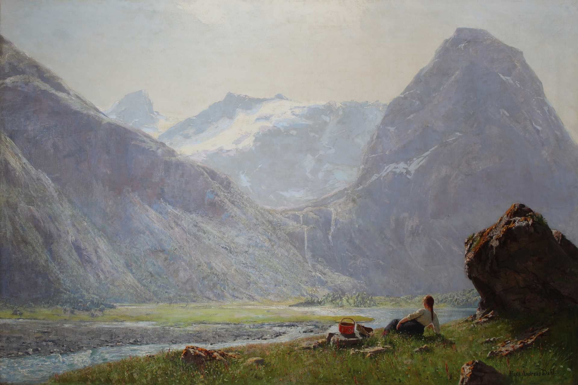 Hans Andreas Dahl (1881-1919) junges Mädchen norwegische Berglandschaft, girl in mountain landscape,
