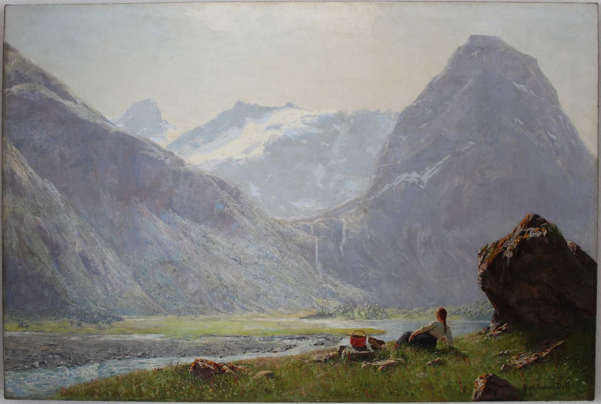 Hans Andreas Dahl (1881-1919) junges Mädchen norwegische Berglandschaft, girl in mountain landscape, - Image 2 of 4